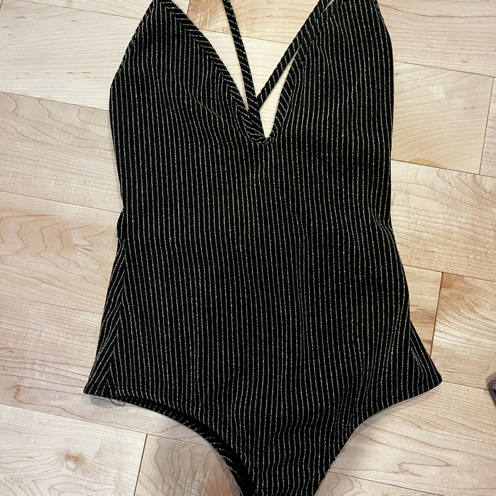 Hot Miami Styles Black and Gold Striped Body suit